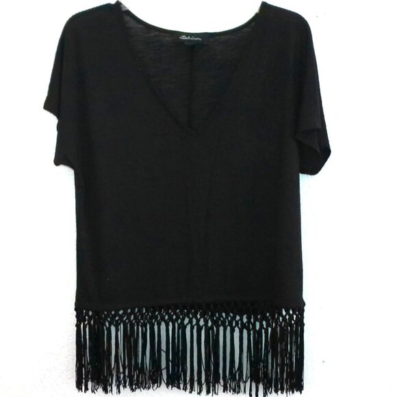 Seductions,  Black V-neck T-Shirt with fringes design - Picture 2 of 7